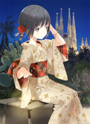 1girl architecture barcelona black_hair bracelet cactus crown female_focus fireworks fleur-de-lis fleur_de_lys flower hair_flower hair_ornament japanese_clothes jewelry kimono lion lion_rampant multicolored_eyes night obi original palm_tree parted_lips sash senkou_hanabi short_hair sitting solo spain sparkler tiv tree