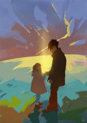1boy 1girl black_hair brown_hair child cloud holding_hands looking_at_another medium_hair original painting_(medium) shadow slow_d thumbs_up traditional_media