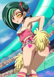 Rule 34 | 1girl, ass, audience, breasts, brown eyes, cheerleader, crowd, female focus, green hair, licking, looking at viewer, looking back, makino tomoyasu, mizuki kotori (yuu-gi-ou zexal), short hair, small breasts, source request, tattoo, tongue, yu-gi-oh!
