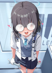 1girl absurdres aoto_mei black_hair blue_archive blue_halo blue_necktie blue_skirt brown_eyes collared_shirt commentary_request condom condom_wrapper cowboy_shot flat_chest glasses gloves grey_sweater_vest hair_ribbon halo heart highres holding holding_condom holding_wrench jacket loli looking_at_viewer millennium_science_school_student_(blue_archive) millennium_science_school_student_a_(blue_archive) miniskirt necktie one_side_up open_mouth paid_reward_available pleated_skirt ribbon round_eyewear shirt short_hair short_sleeves skirt solo standing sweat sweater_vest variant_set white_gloves white_jacket white_shirt wrench yellow_ribbon
