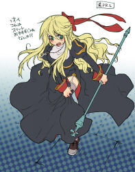 1girl bad_id black_dress blonde_hair blue_background blush bow braid breasts brown_thighhighs cross cross_necklace dress full_body garter_straps green_eyes hair_bow half_up_braid holding holding_staff jewelry juliet_sleeves lala_(sputnik) long_hair long_sleeves medium_breasts necklace open_mouth priest_(ragnarok_online) puffy_sleeves ragnarok_online red_bow solo staff thighhighs translation_request white_background