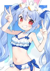 1girl absurdres agata_(yfw1110) animal_ears bikini blue_bikini blue_hair blue_ribbon blush_stickers breasts cleavage commentary_request cowboy_shot double_v eyewear_on_head grin hair_ribbon hands_up highres hololive long_hair looking_at_viewer navel rabbit_ears red_eyes ribbon ruffle_bikini smile solo sunglasses swimsuit thick_eyebrows usada_pekora v very_long_hair virtual_youtuber white-framed_eyewear
