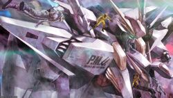 4boys absurdres artist_request company_name copyright_notice flying gundam gundam_battle_operation_2 gundam_hathaway&#039;s_flash highres jetpack machinery mecha mecha_focus mecha_pilot_suit mobile_suit multiple_boys official_art open_hatch realistic robot science_fiction sunrise_(company) v-fin xi_gundam