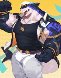 1boy absurdres bara biceps bulge capt._locke_(xxl) dog_tags fangs fins fish_tail flexing furry furry_male hashtag-only_commentary hat highres jewelry looking_at_viewer male_focus muscular muscular_male necklace open_mouth pants pectoral_cleavage pectorals sailor_hat shark_boy shark_fin shark_tail sleeveless smile tail tongue tongue_out vest white_pants white_vest xxl_woofia yed_(yedsilent)