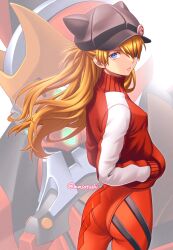 1girl animal_hat ass baseball_cap black_hat blue_eyes bodysuit breasts closed_mouth eva_02 evangelion:_3.0_you_can_(not)_redo eyepatch hands_in_pockets hat highres jacket looking_at_viewer masatoshi_1219 mecha mecha_pilot_suit neon_genesis_evangelion orange_hair plugsuit_(evangelion) rebuild_of_evangelion red_bodysuit red_jacket robot small_breasts solo souryuu_asuka_langley track_jacket turtleneck