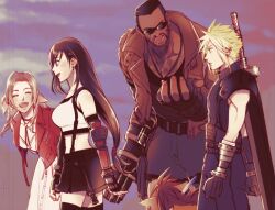 2girls 3boys aerith_gainsborough armor baggy_pants bare_shoulders barret_wallace black_gloves black_hair black_skirt black_thighhighs blonde_hair blue_eyes breasts brown_hair brown_vest buster_sword cloud cloud_strife cloudy_sky commentary_request cowboy_shot crop_top dark-skinned_male dark_skin dress drill_hair drill_sidelocks earrings elbow_gloves facing_another final_fantasy final_fantasy_vii final_fantasy_vii_remake fingerless_gloves from_side gloves hair_ribbon handcannon height_difference jacket jewelry long_hair looking_at_another low-tied_long_hair medium_breasts midriff miniskirt multiple_boys multiple_girls nidou_(rechlo) open_clothes open_jacket open_mouth orange_fur pants parted_bangs pink_dress pink_ribbon profile red_eyes red_jacket red_xiii ribbed_sweater ribbon short_hair shoulder_armor sidelocks single_arm_guard single_earring skirt sky sleeveless sleeveless_turtleneck small_breasts smile spiked_hair sunglasses suspender_skirt suspenders sweater tank_top thighhighs tifa_lockhart turtleneck turtleneck_sweater vest walking white_tank_top zettai_ryouiki