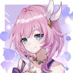 Rule 34 | 1girl, absurdres, blue eyes, chinese commentary, commentary request, cyrene (honkai: star rail), dated, hair ornament, highres, honkai: star rail, honkai (series), jewelry, looking at viewer, necklace, pink hair, purple background, short hair, smile, solo, star-shaped pupils, star (symbol), symbol-shaped pupils, zhui ming jin ge