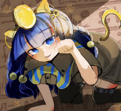 absurdres all_fours animal_ears black_thighhighs blue_eyes blue_hair brown_shirt brown_shorts cat_ears cat_tail earrings facial_mark gold hair_bobbles hair_ornament hand_up hieroglyphics highres hoop_earrings jewelry kemonomimi_mode kneeling long_hair looking_at_viewer michigami_nareko nyan_shitai shirt short_sleeves shorts tail thighhighs touhou triangle triangle_facial_mark usekh_collar whiskers