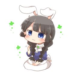 1girl :3 animal_ears black_hair blue_eyes blue_shirt braid chibi closed_mouth full_body hair_ornament hair_over_shoulder hairclip kemonomimi_mode long_hair low_twintails lowres nijisanji puffy_short_sleeves puffy_sleeves rabbit_ears rabbit_girl rabbit_tail rebecca_(keinelove) sandals seiza shirt short_sleeves simple_background sitting skirt solo tail tsukino_mito tsukino_mito_(street_casual) twin_braids twintails very_long_hair virtual_youtuber white_background white_sandals white_skirt