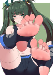 Rule 34 | 1girl, :o, bike shorts, black shorts, black socks, black sports bra, border, feet, foot focus, green background, green eyes, green hair, hair ornament, highres, jkisaradu, long hair, open mouth, qingyi (zenless zone zero), shorts, socks, soles, solo, sports bra, stirrup legwear, toeless legwear, toes, twintails, very long hair, white border, zenless zone zero