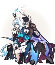 2girls bare_shoulders black_hair black_thighhighs blue_dress blue_eyes cerydra_(honkai:_star_rail) choikfu closed_eyes crown dress heart highres honkai:_star_rail honkai_(series) hug hug_from_behind hysilens_(honkai:_star_rail) juliet_sleeves long_sleeves mini_crown multiple_girls puffy_sleeves smile thighhighs white_background white_hair yuri