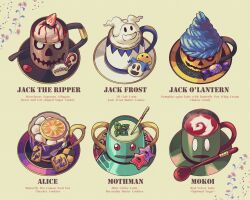 absurdres candy checkerboard_cookie commentary cookie cup drink drink_me duckpasta_flo eat_me english_commentary english_text food fruit highres jack_frost_(megami_tensei) mokoi_(megami_tensei) mothman_(megami_tensei) mug no_humans orange_(fruit) orange_slice plate recipe shin_megami_tensei spoon strawberry wrapped_candy yellow_background