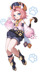 1girl absurdres animal_ears animal_print bag bangs_pinned_back bell belt black_shorts cat_ears cat_print cat_tail commentary_request detached_sleeves diona_(genshin_impact) forehead full_body genshin_impact gloves green_eyes hair_ribbon hat highres jingle_bell long_sleeves looking_at_viewer midriff mxr navel paw_pose paw_print pink_hair puffy_detached_sleeves puffy_shorts puffy_sleeves ribbon short_hair shorts sidelocks simple_background solo standing tail white_background white_gloves