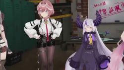 3d 4girls animated bird_girl blue_eyes breasts wolf_ears wolf_tail dancing demon_girl demon_horns fingerless_gloves gloves hakui_koyori hands_on_own_hips hololive holox horns la+_darknesss large_breasts long_hair long_sleeves multiple_girls necktie offscreen_person pants pantyhose pink_hair sakamata_chloe shorts silver_hair skirt sleeves_past_wrists tail takane_lui thigh_strap thighs tight_clothes tight_pants very_long_hair video virtual_youtuber wide_hips yellow_eyes