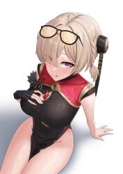 Rule 34 | 1girl, :q, absurdres, arm support, between breasts, black dress, black gloves, blonde hair, blush, breasts, china dress, chinese clothes, cleavage cutout, closed mouth, clothing cutout, commentary, commentary request, commonalty, condom, condom wrapper, dress, english commentary, eyes visible through hair, eyewear on head, fingerless gloves, from above, gloves, groin, hair over one eye, headgear, highres, large breasts, looking at viewer, mixed-language commentary, no panties, purple eyes, short hair, simple background, single fingerless glove, sitting, solo, sunglasses, sweety (zenless zone zero), thighs, tinted eyewear, tongue, tongue out, variant set, white background, yellow-tinted eyewear, zenless zone zero