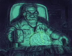 1boy 1other armchair bald chair commentary cup deep_rock_galactic english_commentary expressionless goggles green_theme helmet highres holding holding_cup holographic_interface id_card indoors joe_duncan looking_down male_focus meme mission_control_(drg) mug parody pen pointy_ears pondering_my_orb_(meme) screen screen_light sitting teabag upper_body v-shaped_eyebrows wing_collar