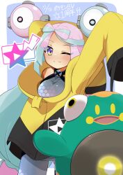 Rule 34 | 1girl, absurdres, bellibolt, highres, iono (pokemon), multicolored hair, nintendo, one eye closed, pokemon, pokemon (creature), pokemon sv, poyoxis, two-tone hair