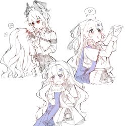 Rule 34 | + +, 2girls, absurdres, armband, blue sash, blush, burger, chest harness, collar, commentary, curled horns, eating, flower, food, greyscale, hair ornament, harness, heart, highres, holding, holding burger, holding food, holding pizza, holding tissue, horns, long hair, long sleeves, looking at another, looking at food, mikori, monochrome, multiple girls, necktie, no headwear, phoebe (wuthering waves), pizza, purple eyes, red eyes, sash, shirt, simple background, skirt, spoken heart, spot color, white background, wiping mouth, wuthering waves, x hair ornament, yuri, zani (wuthering waves)