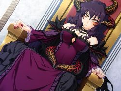 Rule 34 | 1girl, accessories, angry, belt, benimura karu, black dress, blush, bunny black, chair, cleavage cutout, clothing cutout, demon, demon girl, dress, eyelashes, facial tattoo, female focus, fozerotte, game cg, glaring, horns, indoors, jewelry, lips, lipstick, long hair, makeup, markings, multiple horns, nail (hardware), nail polish, necklace, nose, purple dress, purple hair, purple lips, sitting, solo, staring, tattoo, throne, tsurime, yellow eyes