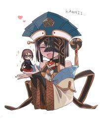 1girl bare_shoulders black_hair braid braided_ponytail brown_eyes brown_hair character_doll chinese_clothes closed_eyes commentary crying doll fate/grand_order fate_(series) glasses hair_over_one_eye happy_tears heart highres long_hair mole mole_under_eye open_mouth seeds328 short_hair simple_background sparkle tears translated white_background xu_fu_(fate) xu_fu_(first_ascension)_(fate) yu_mei-ren_(fate) yu_mei-ren_(first_ascension)_(fate)