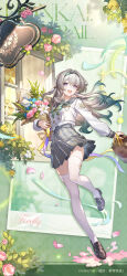 Rule 34 | 1girl, aqua hair, bag, black hairband, black sailor collar, black shoes, black skirt, bouquet, character name, english text, firefly (honkai: star rail), firefly (spring missive) (honkai: star rail), flower, full body, gradient hair, grey hair, hairband, highres, holding, holding bag, holding bouquet, honkai: star rail, honkai (series), loafers, long hair, long sleeves, looking at viewer, multicolored hair, official alternate costume, official art, official wallpaper, open mouth, sailor collar, school uniform, shirt, shoes, skirt, smile, solo, standing, standing on one leg, thighhighs, white shirt, white thighhighs, zettai ryouiki