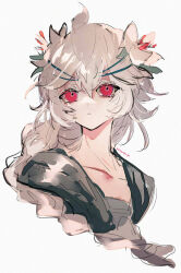 1girl braid cape cookie_run cookie_run:_kingdom dress flower green_dress hair_flower hair_ornament highres humanization kurayuki0404 long_hair looking_at_viewer red_eyes simple_background solo very_long_hair white_background white_flower white_hair white_lily white_lily_cookie