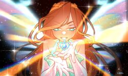 1girl aqua_choker aqua_dress aqua_eyes bare_shoulders black_background bloom_(winx_club) blue_wings bottle bow bow_choker bowtie braid bright_pupils choker crown_braid downturned_eyes dress elbow_gloves enchantix fairy frilled_dress frills glitter gloves glowing grin halter_dress halterneck happy highres light_blush light_particles light_rays lipstick long_hair looking_at_object magical_girl makeup motion_blur multicolored_wings open_mouth orange_hair pink_bow pink_bowtie pink_gloves pink_lips signature smile solo sparkle swept_bangs upper_body very_long_hair white_pupils wikate wings winx_club