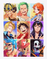 2girls 6+boys afro antlers arm_tattoo ascot bag black_hair black_necktie blonde_hair blue_ascot blue_eyes blue_shirt blunt_bangs blush brook_(one_piece) chain cigarette clenched_hand collared_shirt commentary_request cross crossed_arms curly_eyebrows earrings eyewear_on_head franky_(one_piece) goggles goggles_on_headwear gradient_background green_hair hair_over_one_eye hat headscarf highres holding holding_lighter holding_weapon horns instrument jewelry lighter long_nose looking_at_viewer looking_to_the_side medium_hair monkey_d._luffy multiple_boys multiple_girls musical_note nami_(one_piece) necktie nico_robin nico_robin_(long_ring_long_land) one_eye_closed one_piece open_mouth orange_eyes orange_hair orange_shirt petals pink_hat pink_petals qin_(7833198) red_shirt reindeer_antlers roronoa_zoro sanji_(one_piece) scar scar_on_face shirt short_hair shoulder_bag sideburns sidelocks skeleton sleeveless sleeveless_shirt smile smoke sparkle straw_hat tattoo tongue tongue_out tony_tony_chopper upper_body usopp violin weapon