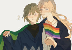 2girls bang_dream! bang_dream!_it&#039;s_mygo!!!!! black_jacket blue_sweater chihaya_anon commentary english_commentary fang grey_eyes grey_hair jacket jewelry lgbt_pride long_hair looking_at_viewer manphao_o multiple_girls necklace open_mouth pink_eyes pink_hair rainbow_flag shirt short_hair smile sweater takamatsu_tomori upper_body white_shirt