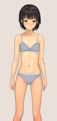 1girl :o absurdres arms_at_sides black_hair blush bra collarbone expressionless feet_out_of_frame gluteal_fold grey_background grey_bra grey_panties highres itsuki_nofuji legs_apart looking_at_viewer navel original panties short_hair simple_background solo standing stomach straight-on underwear underwear_only