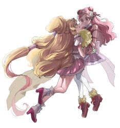 2girls blonde_hair blunt_bangs boots bow breasts commentary_request cure_tomorrow cure_yell daisy_(flower) dress flower gloves hair_bow hair_flower hair_ornament highres hug-tan_(precure) hugtto!_precure leg_up long_hair looking_at_another multicolored_dress multiple_girls nono_hana omochi_011011 pom_pom_(clothes) precure puffy_short_sleeves puffy_sleeves purple_footwear purple_gloves purple_thighhighs red_bow red_eyes short_sleeves simple_background thighhighs very_long_hair white_background white_thighhighs