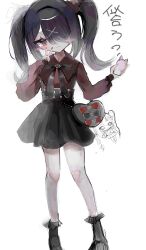 1girl absurdres ame-chan_(needy_girl_overdose) bag black_boots blush boots chest_bow contrapposto doodle_inset full_body hair_ornament hair_over_one_eye highres holding holding_phone naishukketsukata needy_girl_overdose outstretched_hand phone red_shirt shirt short_twintails shoulder_bag skirt suspender_skirt suspenders twintails v x_hair_ornament