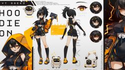 1girl ahoge argyle_background asymmetrical_gloves asymmetrical_legwear belt black_belt black_gloves black_hair black_jumpsuit black_socks black_thighhighs breasts character_request charm_(object) commentary dot_nose elbow_gloves electricity english_commentary english_text expressionless eyelashes fangs fingerless_gloves from_behind gloves glowing glowing_eyes gradient_background grey_background hair_between_eyes halftone high_ponytail highres holding holding_tablet_pc holster hood hood_down hood_up hooded_jacket hyanna-natsu indie_virtual_youtuber jacket jumpsuit kneehighs knees large_breasts light_blush mismatched_gloves multiple_views official_art one_eye_closed open_clothes open_jacket open_mouth orange_eyes orange_jacket orange_shoes pocket ponytail puffy_lips reference_sheet robot second-party_source shaded_face shoes short_hair single_fingerless_glove single_kneehigh single_sock single_thighhigh sleeveless_jumpsuit sleeves_past_wrists smile sneakers socks sparkle tablet_pc teeth thighhighs turtleneck_jumpsuit upper_teeth_only virtual_youtuber white_background