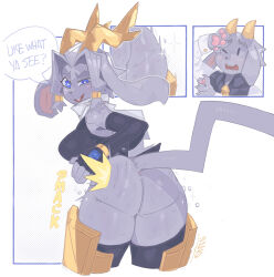1boy 1girl animal_ears animal_nose ass ass_focus back black_shirt blue_eyes bottomless breasts english_text furry furry_female grey_fur highres horns large_breasts looking_back nanokindred no_panties no_pants pseudoregalia rabbit_ears shirt sweat sybil_(pseudoregalia) tail teeth thick_eyebrows