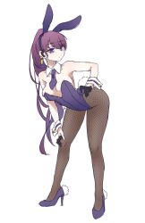 1girl animal_ears bare_shoulders bent_over black_gloves breasts brown_pantyhose cleavage dolla_(nikke) earrings ex-mist fake_animal_ears fake_tail fishnet_pantyhose fishnets full_body gloves goddess_of_victory:_nikke half_gloves high_heels highres jewelry large_breasts leotard long_hair pantyhose playboy_bunny ponytail purple_eyes purple_hair purple_leotard rabbit_ears rabbit_tail simple_background solo strapless strapless_leotard tail white_background
