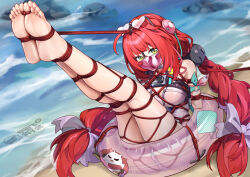 1girl ahoge arms_behind_back bdsm beach bondage bound bound_ankles bound_arms bound_breasts bound_calves bound_feet bound_legs bound_thighs bound_toes bound_torso breast_bondage breasts choker cloth_gag egg_vibrator eyewear_on_head female_focus forced_orgasm gag gag_harness gagged glasses green_eyes improvised_gag legs_up long_hair looking_at_viewer medium_breasts ocean one-piece_swimsuit over_the_nose_gag red_hair restrained sex_toy shibari shibari_over_clothes sitting skindentation soles solo swimsuit thighs twintails ukinami_yuzuha ukinami_yuzuha_(tanuki_in_broad_daylight) very_long_hair vibrator yiduan_zhu zenless_zone_zero