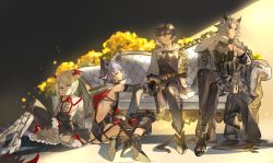 4boys animal_ears ayer backless_outfit bandaid bandaid_on_face black_hair blonde_hair braid cosplay couch crossdressing crossdressing_(mtf) dress erune feower_(granblue_fantasy) flower goggles goggles_on_head granblue_fantasy grey_hair gun head_wings heles heles_(cosplay) high_heels highres holster jessica_(granblue_fantasy) jessica_(granblue_fantasy)_(cosplay) male_focus multiple_boys natsuko_(summer_525528) purple_hair rose seruel skirt thighhighs tien_(granblue_fantasy) tien_(granblue_fantasy)_(cosplay) vampy vampy_(cosplay) veight weapon wings