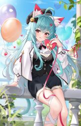 1girl :q absurdres ahoge animal_ear_fluff animal_ears balloon bandaged_leg bandages bell beret black_bow black_shorts black_vest blue_hair blue_sky blush bow box breasts cat_ears cat_girl cat_tail closed_mouth cloud day envelope feet_out_of_frame food fruit gift gift_box hair_bell hair_bow hair_ornament hat heart heart-shaped_box highres holding jacket long_hair long_sleeves looking_at_viewer medium_breasts open_clothes open_jacket original outdoors red_eyes ribbon shirt short_eyebrows shorts sitting sky smile solo strawberry tail takeawatch tongue tongue_out vest virtual_youtuber white_jacket white_shirt
