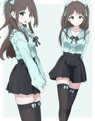 1girl :o airi_(blue_archive) arms_behind_back black_ribbon black_skirt black_thighhighs blue_archive bow bow_legwear brown_hair green_background green_bow green_eyes green_halo green_shirt hair_bow halo highres jirai_kei long_hair long_sleeves looking_at_viewer looking_to_the_side multiple_views neck_ribbon open_mouth ribbon shirt shirt_tucked_in skirt smile thighhighs unamaso v_arms