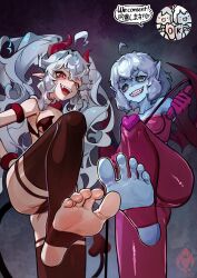2girls armlet artist_logo blue_skin bracelet breasts brown_panties cameltoe colored_skin consent_sticker crop_top cross-shaped_pupils demon_girl demon_horns demon_tail demon_wings fangs feet foot_focus from_below gloves heart heart_tail highres holding holding_riding_crop horns jewelry lipstick logo long_hair looking_at_viewer looking_down makeup multiple_girls open_mouth original panties pointy_ears red_eyes red_horns red_thighhighs riding_crop sharp_teeth short_eyebrows short_hair small_breasts smile soles standing standing_on_one_leg symbol-shaped_pupils tail teeth thighhighs toeless_legwear toes twintails underwear very_long_hair white_hair wings yeougui