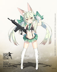 1girl :q animal_ear_fluff arm_up art556_(girls&#039;_frontline) assault_rifle bikini bikini_top_only black_bikini blush boots bow brazil brown_eyes character_name closed_mouth collared_shirt copyright_name crop_top female_focus flat_chest full_body girls&#039;_frontline gloves green_bow green_hair green_ribbon green_skirt gun hair_between_eyes hair_bow hair_ribbon hand_up highres holding holding_gun holding_weapon long_hair looking_at_viewer microskirt midriff name_connection navel object_namesake over-kneehighs pleated_skirt ribbon rifle saru shadow shirt skirt sleeveless smile solo standing suspender_skirt suspenders swimsuit thigh_boots thighhighs tongue tongue_out twintails weapon white_boots white_gloves white_shirt white_thighhighs