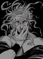 Rule 34 | 1boy, dio brando, earrings, flesh bud, glowing, glowing eyes, hand on own face, hand up, jewelry, jojo no kimyou na bouken, male focus, merumeru626, off shoulder, prehensile hair, solo, spot color, stardust crusaders
