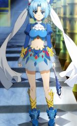 10s 1girl anime_screenshot blue_eyes blue_hair blue_panties boots highres ludmila_lourie madan_no_ou_to_vanadis panties pleated_skirt polearm see-through_clothes see-through_skirt short_hair skirt spear transparent underwear weapon