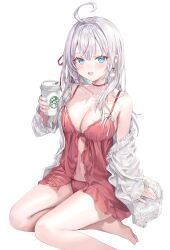 1girl :d ahoge alisa_mikhailovna_kujou babydoll bare_legs bare_shoulders barefoot blue_eyes blush breasts choker cleavage commentary cup disposable_cup earrings hair_ribbon highres holding holding_cup jacket jewelry large_breasts lingerie long_hair looking_at_viewer medium_breasts momoko_(momopoco) navel negligee novel_illustration off_shoulder official_art open_clothes open_jacket open_mouth panties pom_pom_(clothes) pom_pom_earrings red_babydoll red_choker red_panties red_ribbon ribbon simple_background sitting smile solo spaghetti_strap stomach thighs tokidoki_bosotto_roshia-go_de_dereru_tonari_no_alya-san underwear white_background white_hair white_jacket yokozuwari