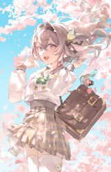 1girl absurdres bag black_sailor_collar blue_sky character_charm charm_(object) cherry_blossoms commentary english_commentary falling_petals firefly_(honkai:_star_rail) firefly_(spring_missive)_(honkai:_star_rail) floating_hair grey_hair hands_up highres honkai:_star_rail honkai_(series) long_hair long_sleeves looking_at_viewer meltyrice official_alternate_costume open_mouth outdoors petals sailor_collar school_bag school_uniform shirt skirt sky smile standing stelle_(honkai:_star_rail) thighhighs trailblazer_(honkai:_star_rail) white_shirt white_thighhighs zettai_ryouiki