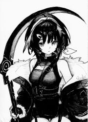 Rule 34 | 1girl, absurdres, arknights, artist name, ballpoint pen (medium), bare shoulders, chinese commentary, closed mouth, commentary, cowboy shot, expressionless, fingerless gloves, gloves, greyscale, hair ornament, hairclip, highres, holding, holding weapon, jacket, la pluma (arknights), looking at viewer, monochrome, off shoulder, pen (medium), shako xc, shirt, short hair, short shorts, shorts, signature, solo, standing, traditional media, weapon