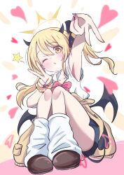 1girl absurdres armpits black_bow black_skirt blonde_hair blue_archive blush bow brown_shoes clothes_around_waist demon_girl demon_horns demon_tail demon_wings double_v fake_eyelashes fingernails giorgio_(yo_sumire_sola1) gyaru hair_between_eyes hair_bow halo heart highres horns ibuki_(blue_archive) jacket jacket_around_waist kogal long_fingernails loose_socks low_wings on_floor one_eye_closed pink_background pink_bow pink_nails school_uniform scrunchie shirt shoes skirt sleeveless sleeveless_shirt socks solo sparkle star_(symbol) tail twintails v white_background wings yellow_eyes yellow_halo yellow_jacket yellow_scrunchie