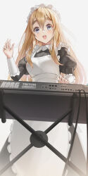 1girl absurdres apron black_dress blonde_hair blue_eyes chinese_commentary commentary_request dress highres instrument k-on! keyboard_(instrument) kotobuki_tsumugi long_hair long_sleeves looking_at_viewer maid maid_apron maid_headdress puffy_long_sleeves puffy_sleeves simple_background standing thick_eyebrows user_purg4332 white_background