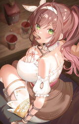 1boy 1girl ahoge alcohol bare_shoulders blush bottle breasts brown_gloves brown_skirt choker cleavage commission cup detached_sleeves drink earrings fang finger_in_another&#039;s_mouth fingerless_gloves fortissimo gloves green_eyes hair_intakes hair_ornament hair_ribbon hairclip highres huge_breasts indie_virtual_youtuber jewelry long_hair looking_at_viewer looking_back miori_celesta multicolored_hair musical_note musical_note_hair_ornament open_mouth pink_hair ponytail pouch ribbon shike_(i_am_morafeti) shirt short_sleeves sitting skeb_commission skirt solo_focus star_(symbol) star_in_eye symbol_in_eye table teeth thigh_pouch thighs tongue tongue_out treble_clef two-tone_hair upper_teeth_only virtual_youtuber white_choker white_hair white_ribbon white_shirt white_skirt white_sleeves