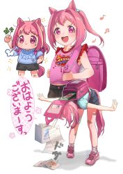&gt;:) 1girl :d aged_down arm_up backpack bag bandaid bandaid_on_leg beamed_sixteenth_notes bent_over black_shorts blue_bow blue_shirt blush_stickers bow bowing chibi closed_mouth clover commentary_request dirty dirty_clothes dirty_face eighth_note flower-shaped_pupils four-leaf_clover grey_socks haru_urara_(umamusume) highres holding moko39_takasora multiple_views musical_note open_mouth outstretched_arms pink_hair pink_shirt pink_shoes plaid_clothes plaid_shirt ponytail puffy_short_sleeves puffy_sleeves purple_eyes quarter_note randoseru shirt shoes short_shorts short_sleeves shorts smile socks spread_arms symbol-shaped_pupils translation_request umamusume unmoving_pattern v-shaped_eyebrows
